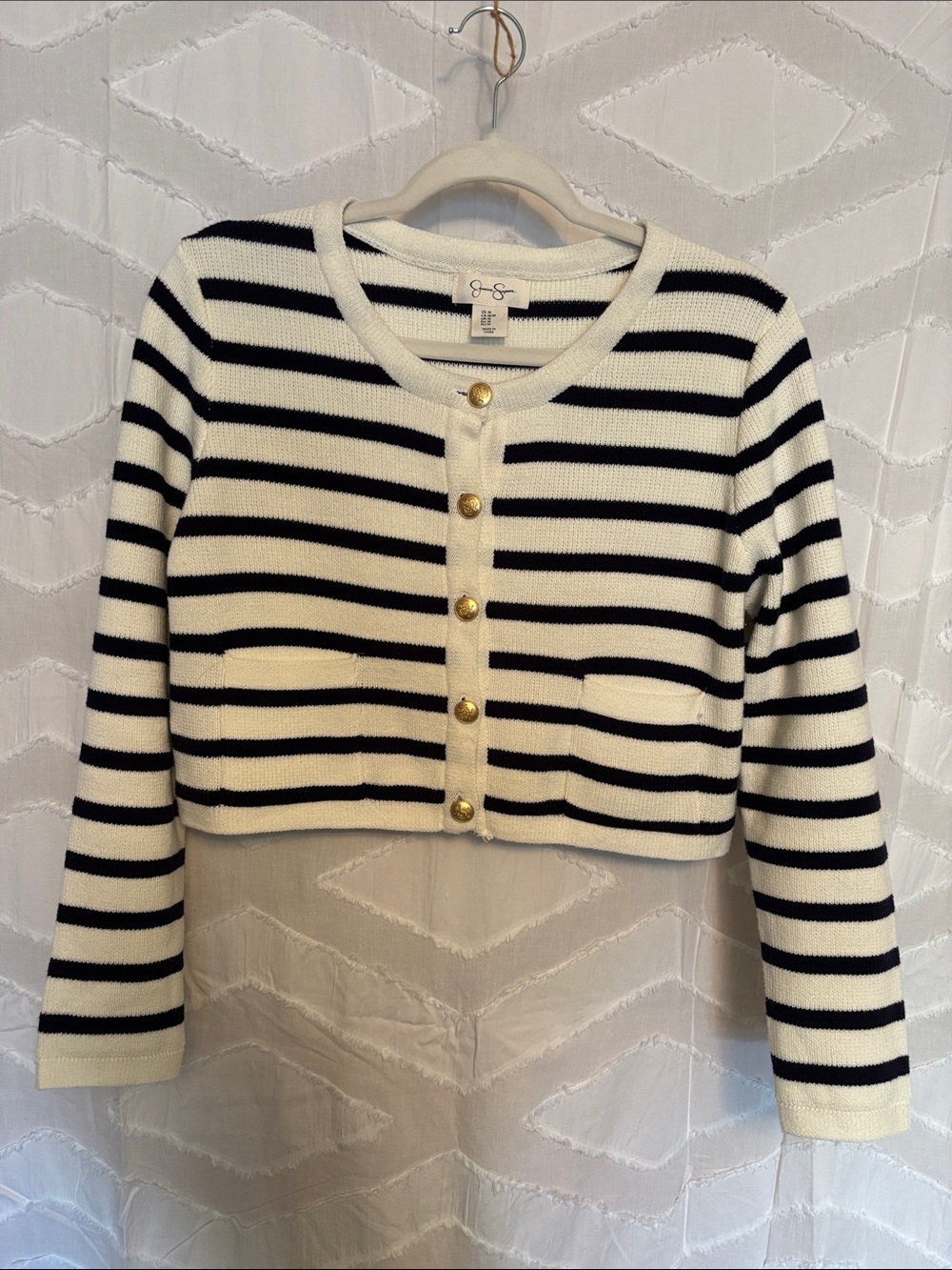 Jessica Simpson White Knit Cardigan with Navy Trim and Gold Button